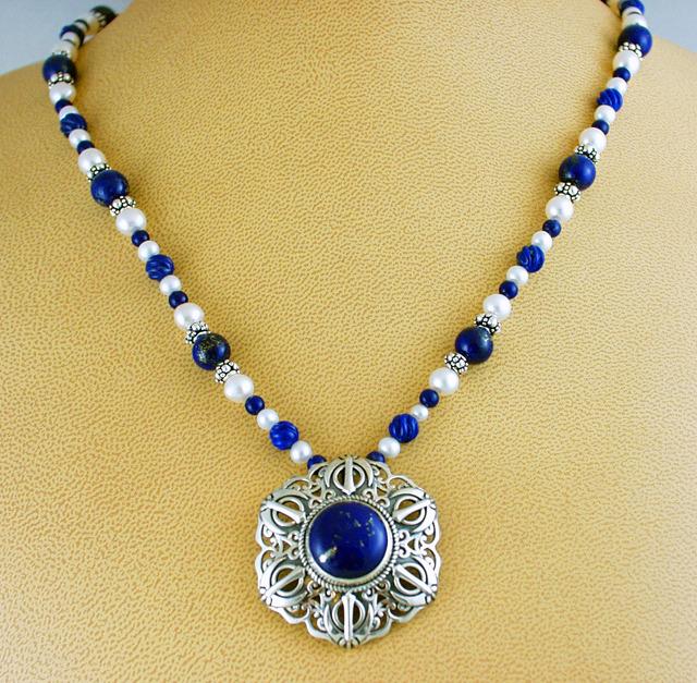Lapis lazuli, pearl and silver Adi Shakti Taliman Power necklace2