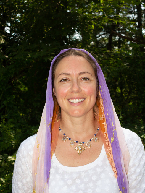 Two-tone steel Khanda/Adi Shakti Shield Necklace on carved lapis, quartz and pearl necklace