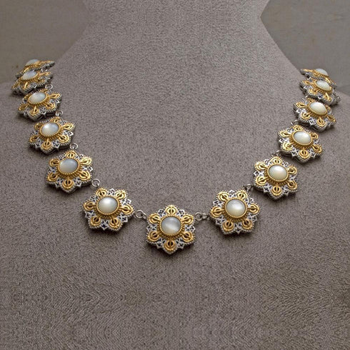 Two-tone Steel and Mother of Pearl Khanda / Adi Shakti Talisman Necklace