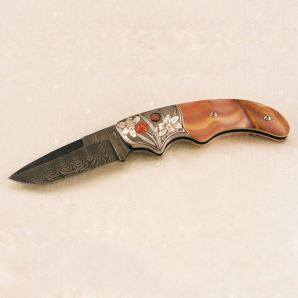 Engraved Wonderstone jasper folding knife