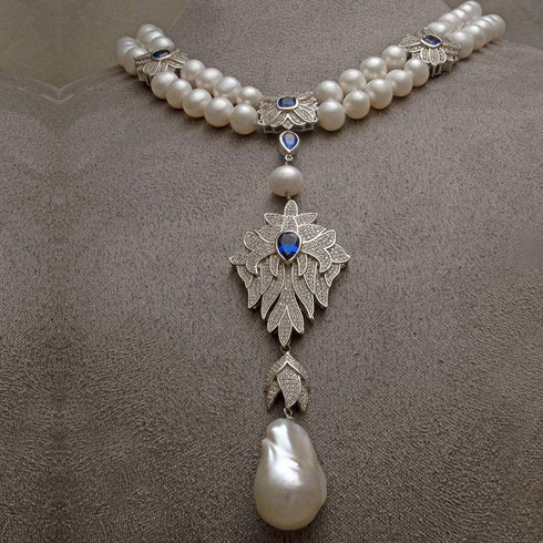 Pearl sapphire cubic zirconia silver necklace