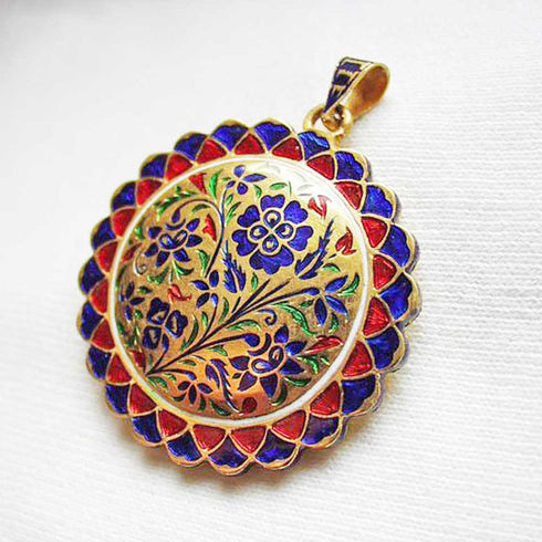 22K Gold, Diamond, Blue Sapphire, Coral Khanda / Adi Shakti pendant