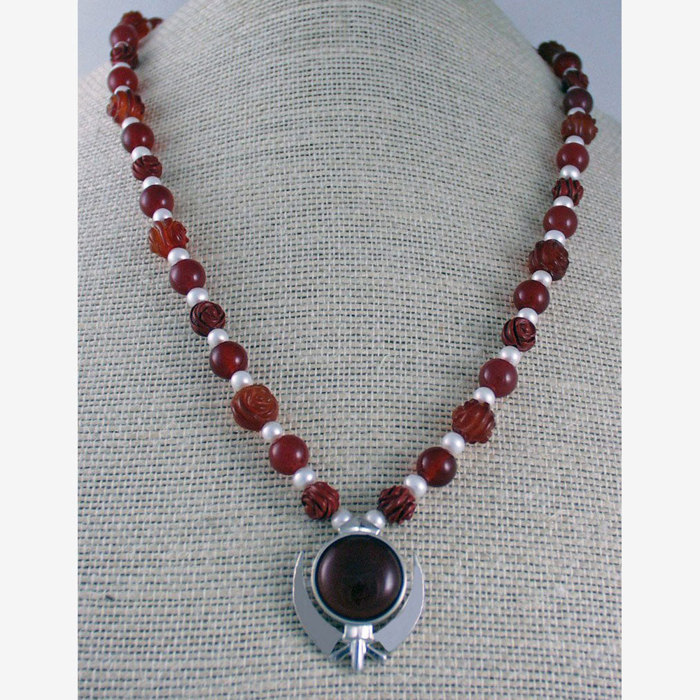 Carnelian, jasper, pearl and silver khanda / adi shakti necklace