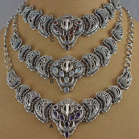 Small filigree gemstone Khanda / Adi Shakti necklaces