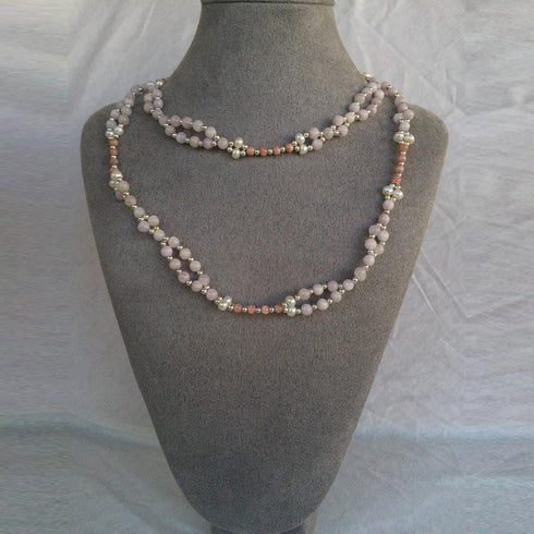 Kunzite, Rhodochrosite, Pearl and Sterling Silver Bead Tantric Necklace