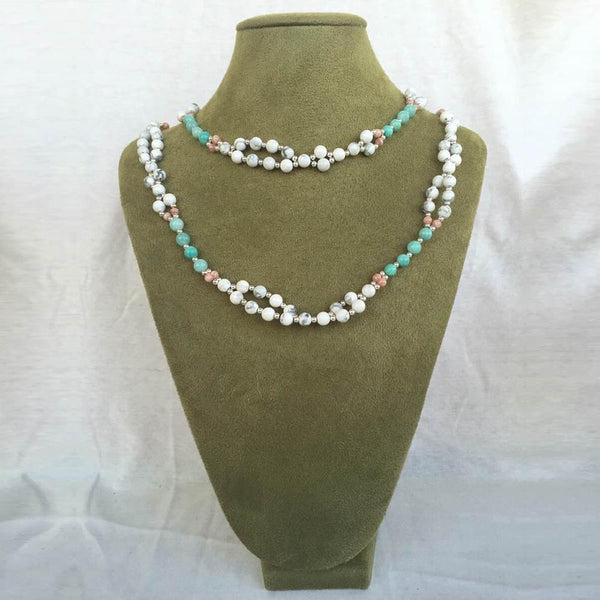 Tridacna, Rhodochrosite, Microcline and Sterling Silver Bead Tantric Necklace