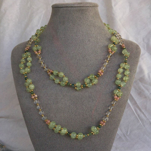 Prehnite, Quartz Crystal, Rhodochrosite, Jade and 18K Gold-filled Bead Tantric Necklace