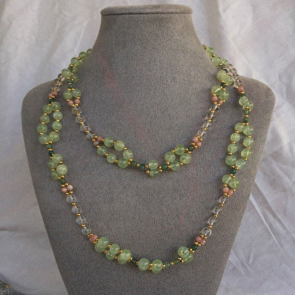 Prehnite, Quartz Crystal, Rhodochrosite, Jade and 18K Gold-filled Bead Tantric Necklace