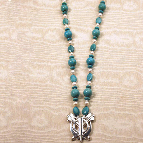 Turquoise and pearl silver double axe khanda / adi shakti necklace