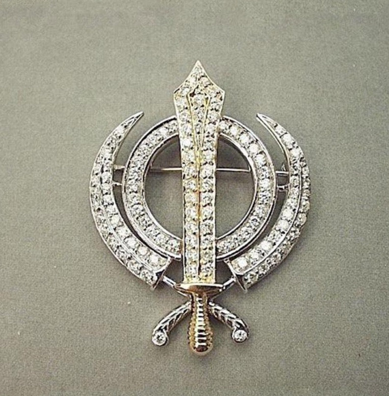 Gold or silver and diamond Khanda / Adi Shakti pin pendant