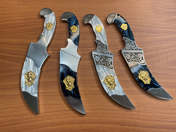 Compact Noble Lion Kirpans (sacred Sikh knives), in white pearl or midnight blue Kirinite / durable resin and stainless steel
