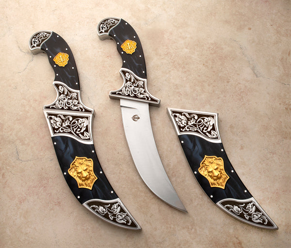 Medium size noble lion kirpans in midnight blue or white pearl Kirinite / durable resin and stainless steel