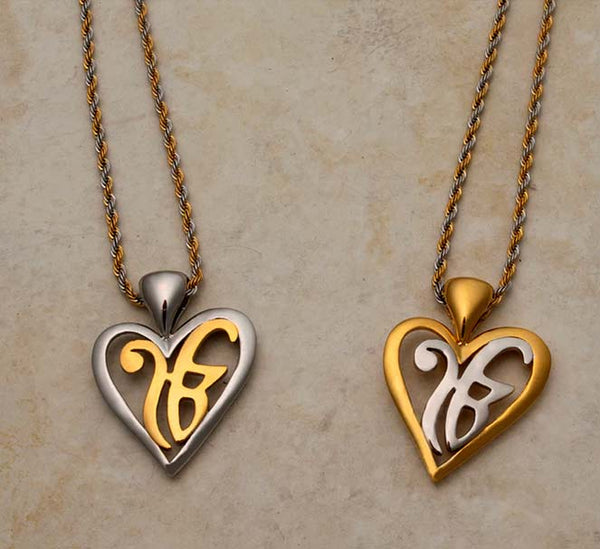 Two-tone stainless steel Ekongkar (symbol of One Creator) pendants on rope chains.
