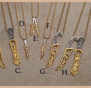 Two-tone steel Khanda and Kirpan pendants on chains