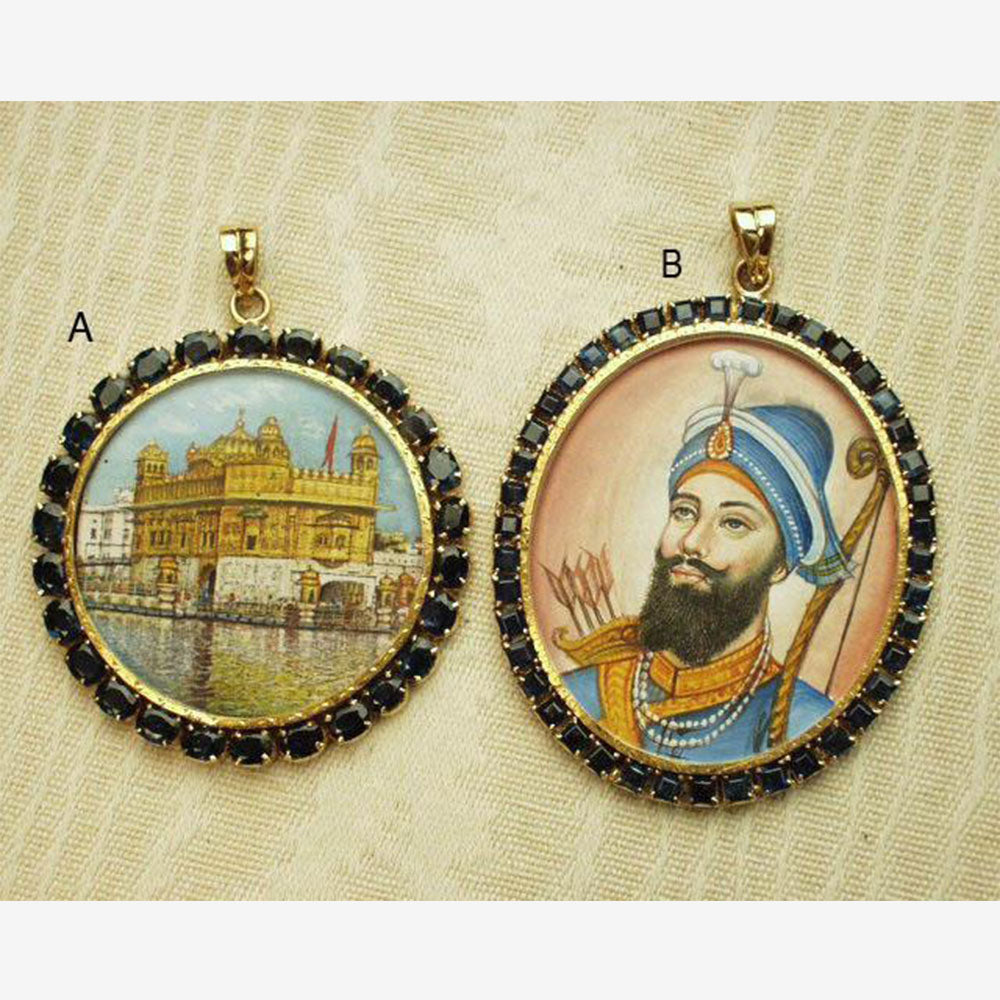 22K Gold, Blue Sapphire Golden Temple & Guru Gobind Singh portrait pendants