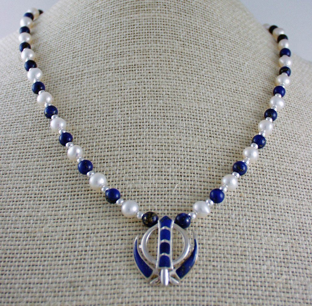Lapis lazuli, pearl and silver Khanda Power Necklace