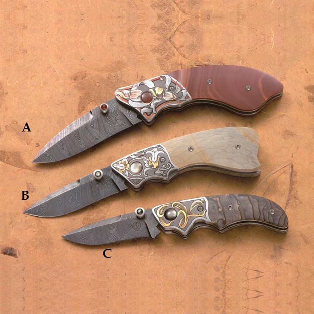 3 natural jasper handled folding knives