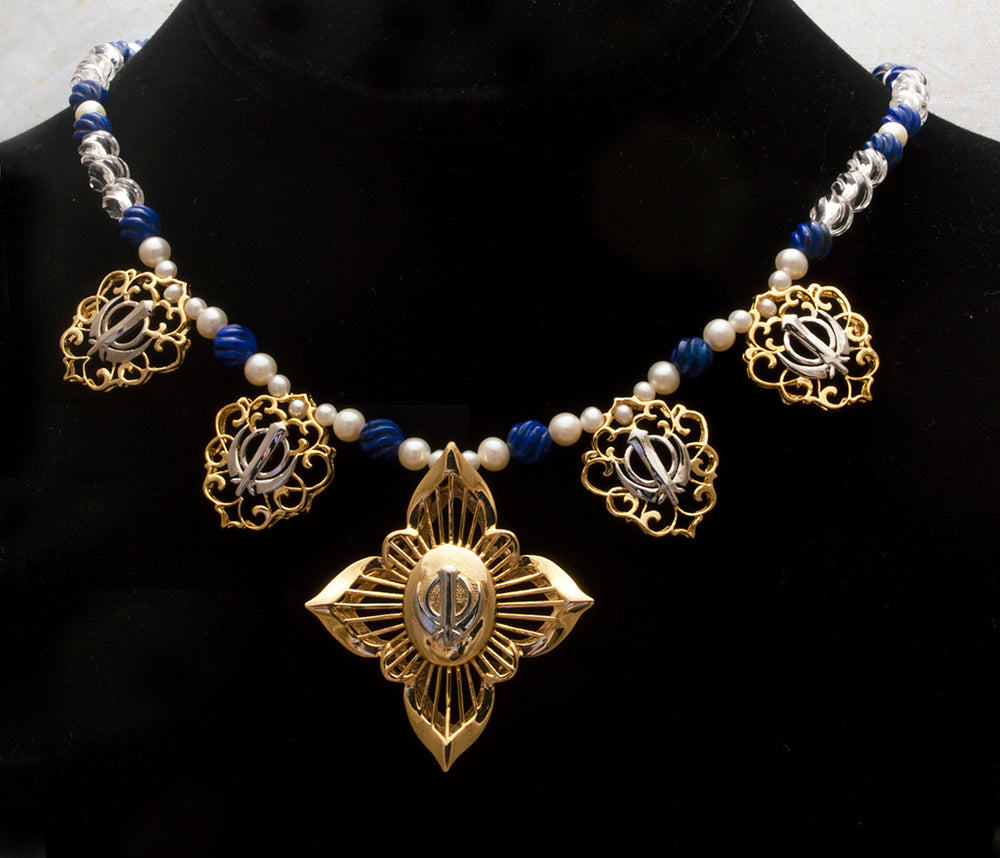 Two-tone steel Khanda/Adi Shakti Shield Necklace on carved lapis, quartz and pearl necklace
