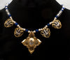 Two-tone steel Khanda/Adi Shakti Shield Necklace on carved lapis, quartz and pearl necklace