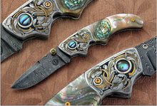 Load image into Gallery viewer, Engraved abalone handled folding knife
