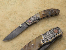 Load image into Gallery viewer, Engraved plume agate folding knife
