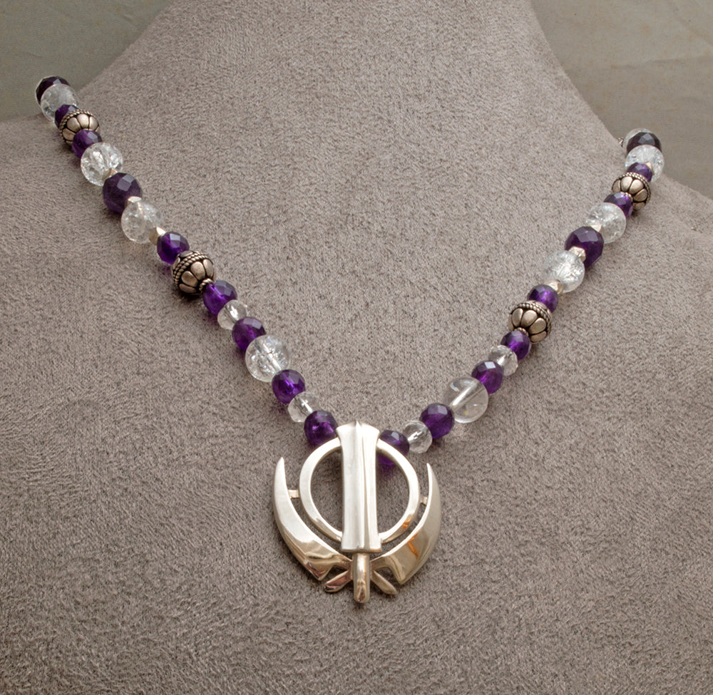Silver amethyst clear quartz Khanda necklace