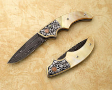 Load image into Gallery viewer, Gold mother of pearl, engraved auto-folding knife
