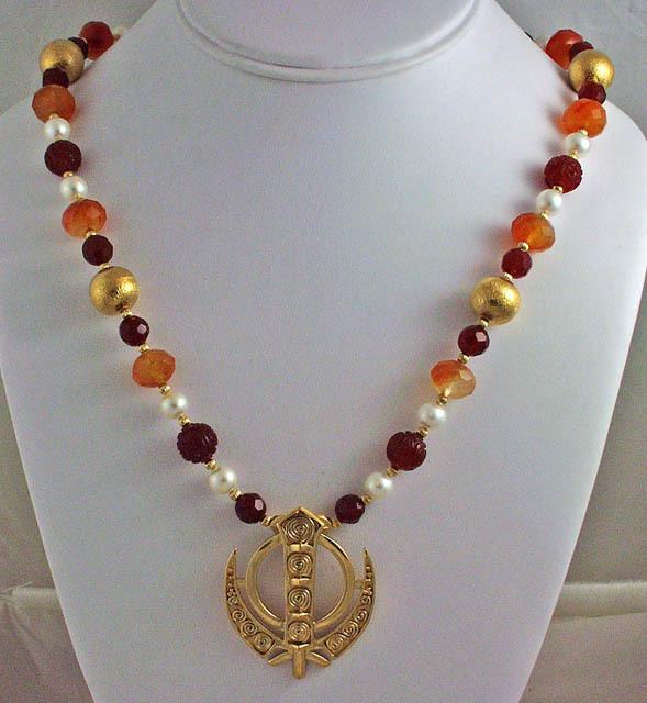 Faceted and carved carnelian pearl Khanda Power Necklace