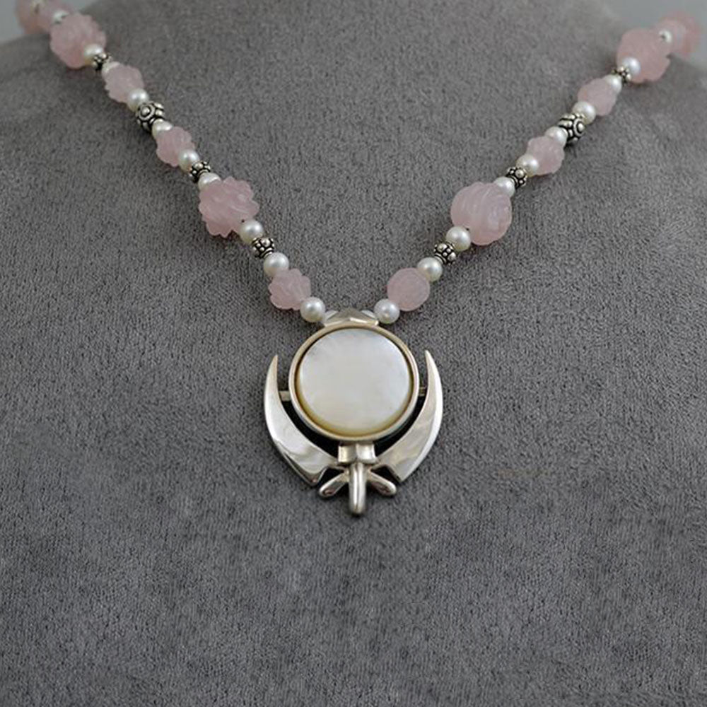 Carved rose quartz, silver and pearl Khanda necklace