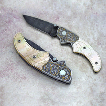 Load image into Gallery viewer, Engraved gold mother of pearl folding knife
