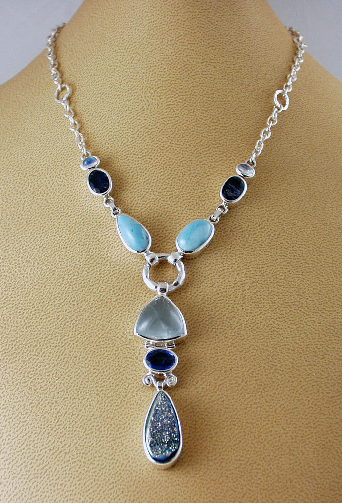 Natural Drusy quartz, Aquamarine, Larimar, Kyanite Silver Necklace -50% off!!