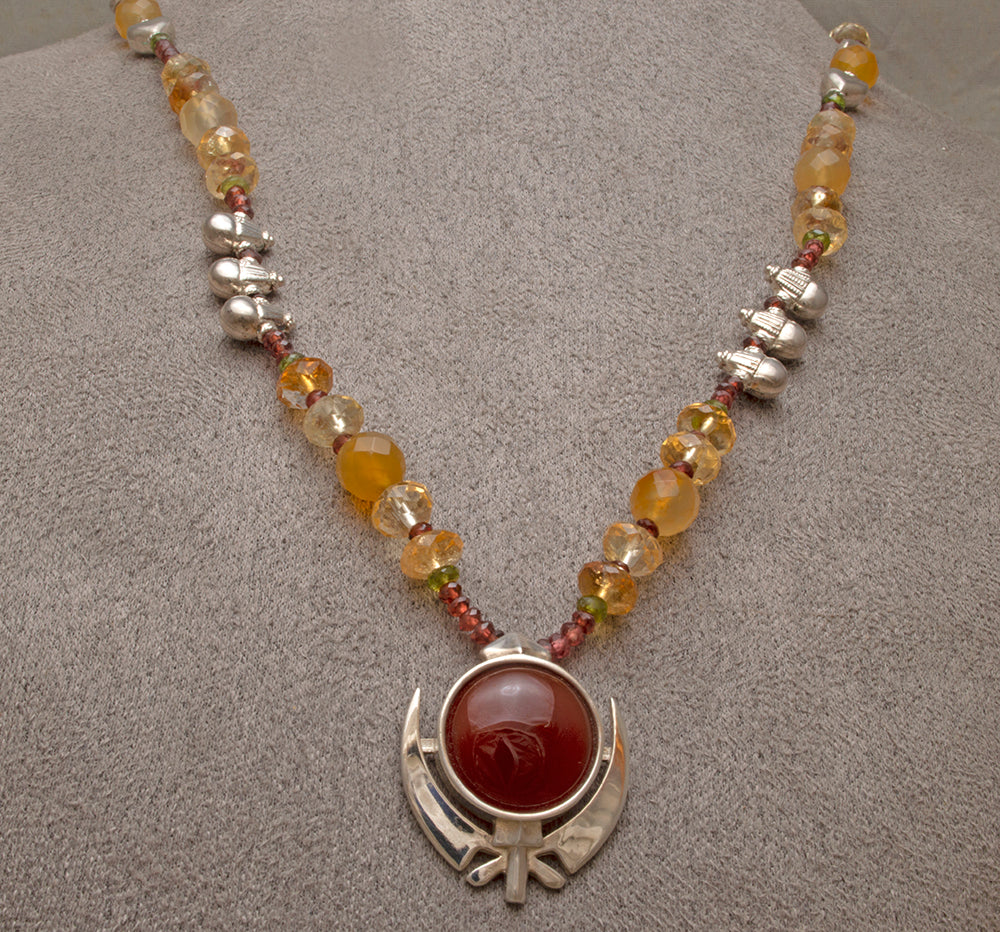 Faceted Carnelian, Silver Khanda Necklace