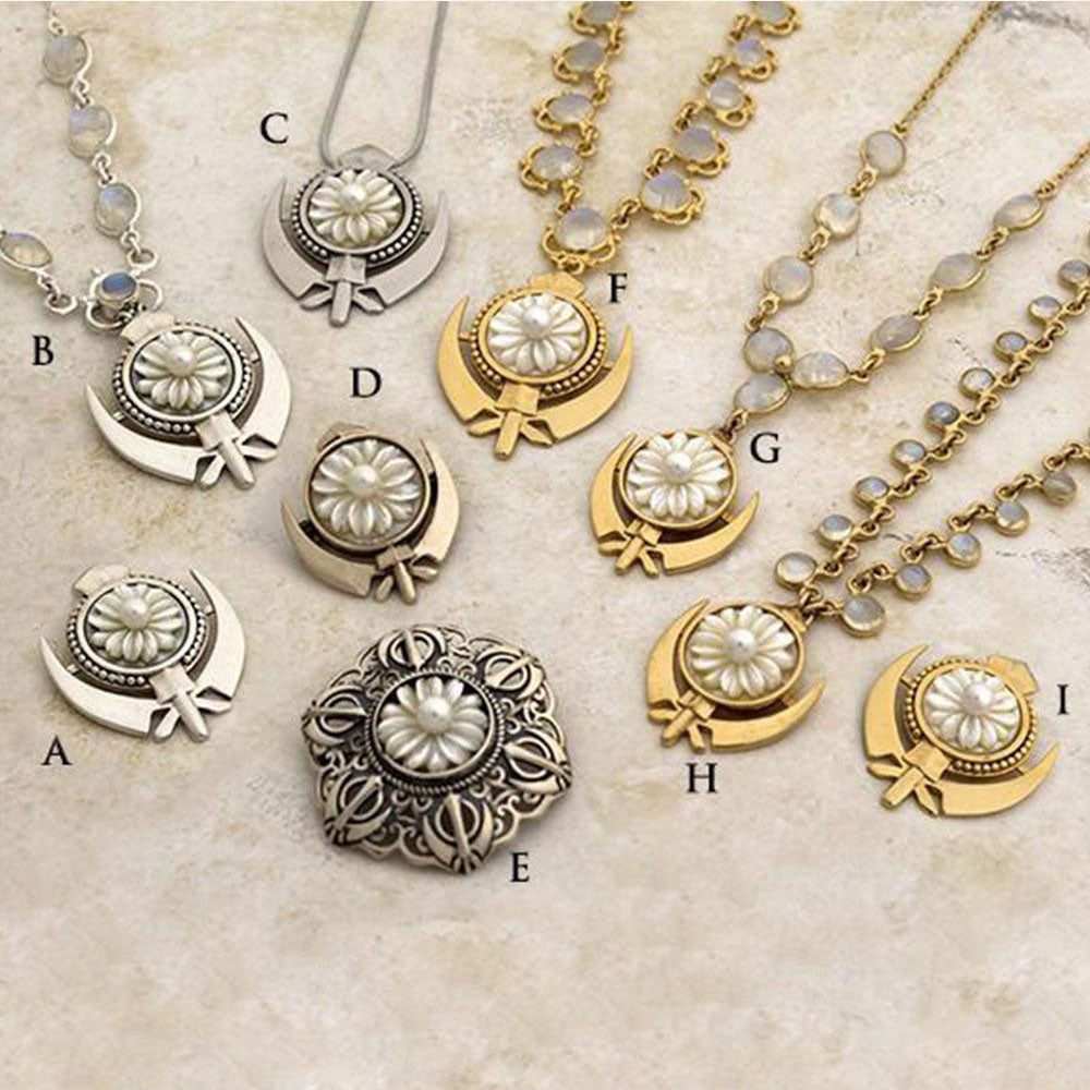 Carved and freshwater pearl Khanda pin pendants and necklaces.