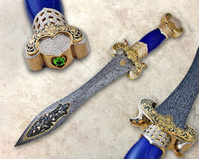 Load image into Gallery viewer, Engraved/encrusted lapis, diamond and gold handled dagger
