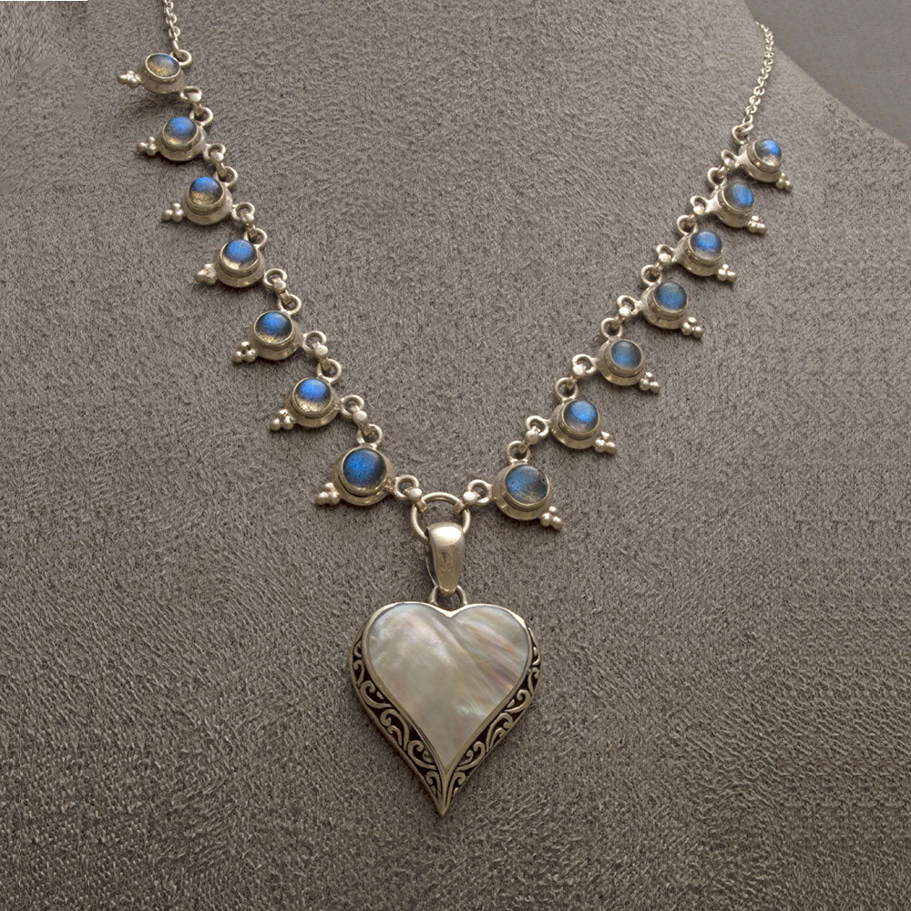 Heart shaped silver mother of pearl pendant on silver labradorite neck –  Khalsa Raj