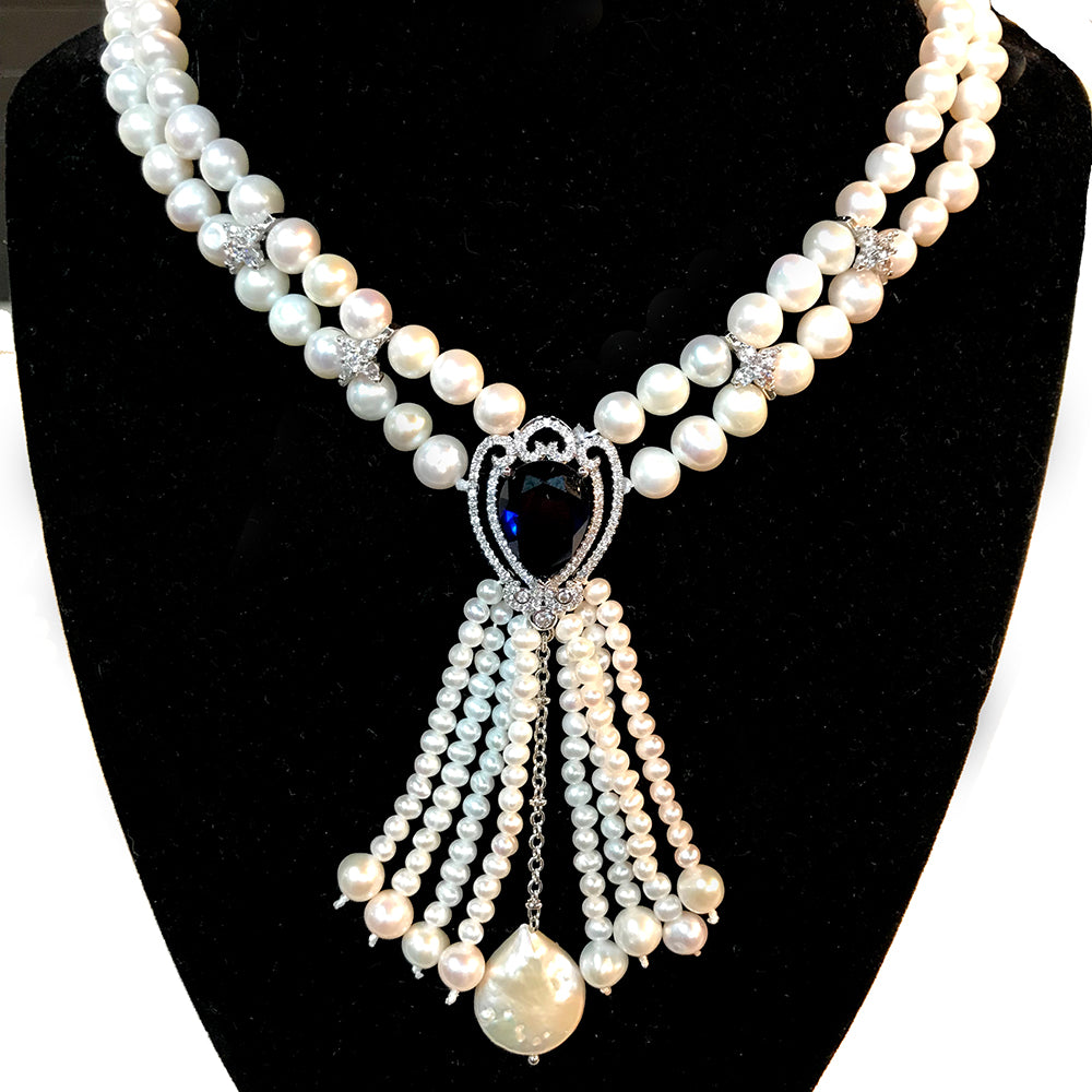 Sapphire Pearl cubic zirconia silver necklace