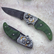 Load image into Gallery viewer, Engraved jade button lock folding knife

