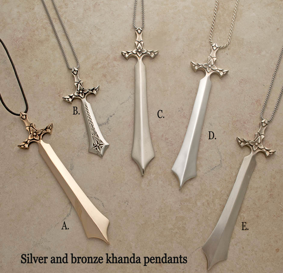 Carved and sculpted large Khanda pendants on chains