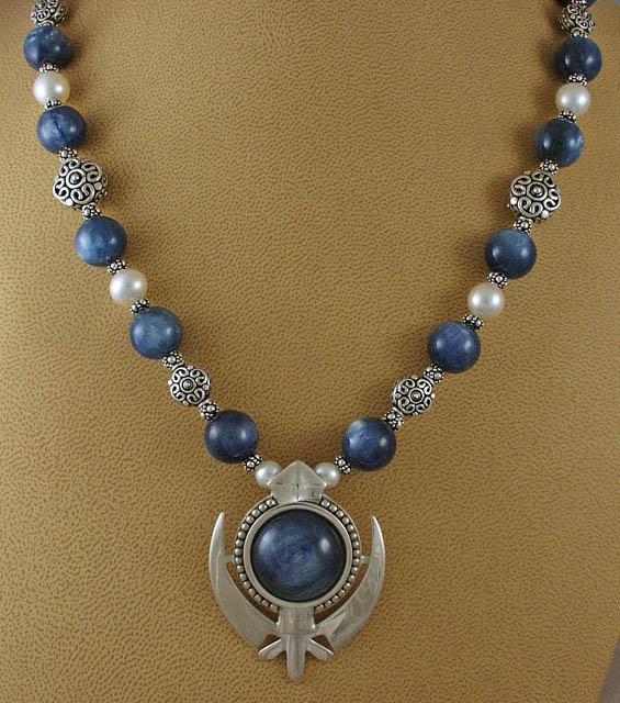 Kyanite, pearl and silver khanda / adi shakti Power Necklace