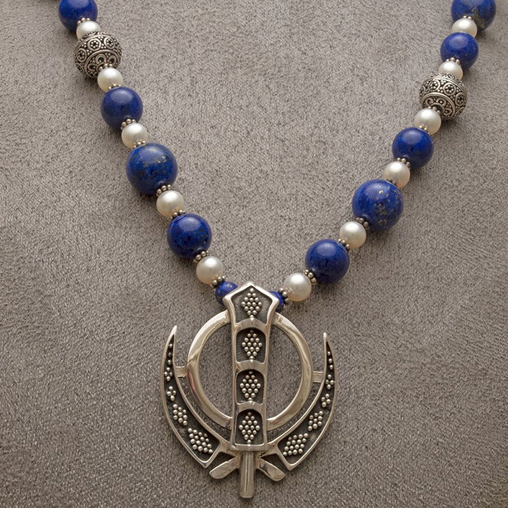 Silver, lapis, pearl khanda / adi shakti necklace2