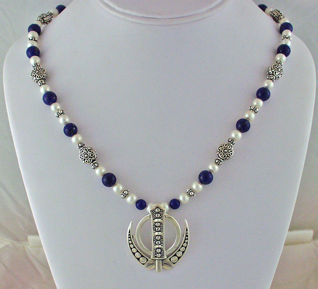 Elegant lapis, pearl, silver Adi Shakti Power Necklace