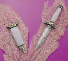 Load image into Gallery viewer, Engraved lavender jade handled boot knife and matching scabbard
