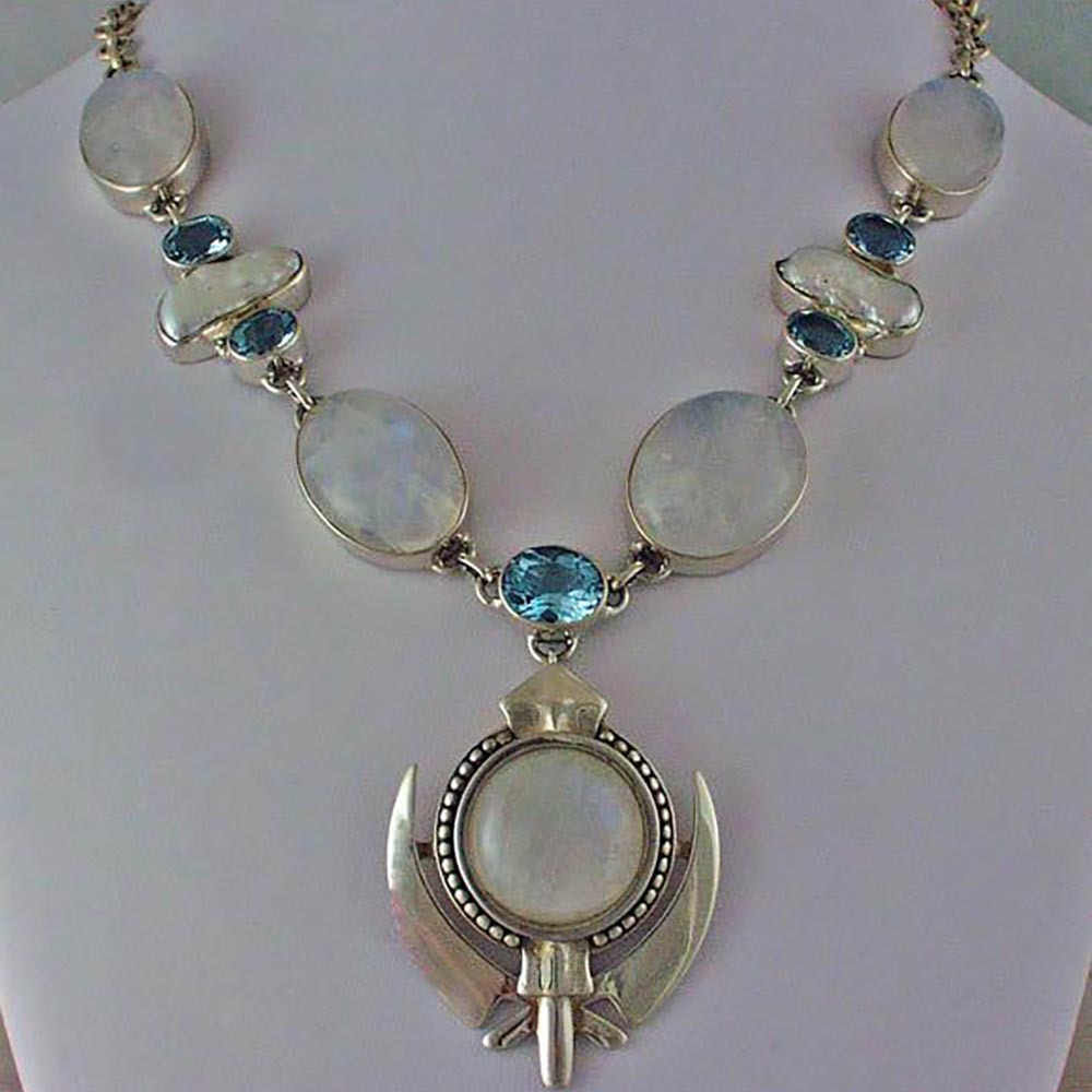 Large rainbow moonstone silver pearl topaz khanda / adi shakti necklace