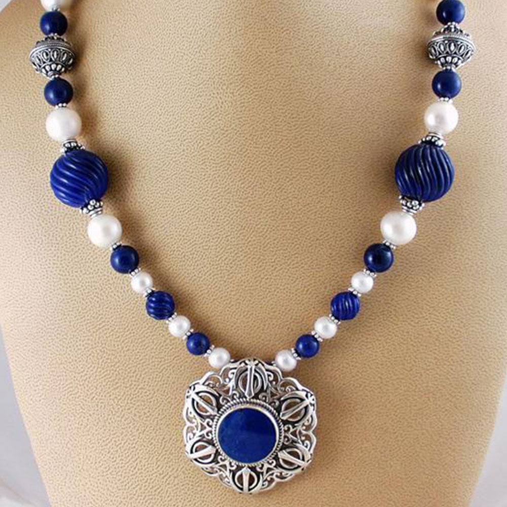 Lapis lazuli, pearl and silver Khanda Taliman Power necklace