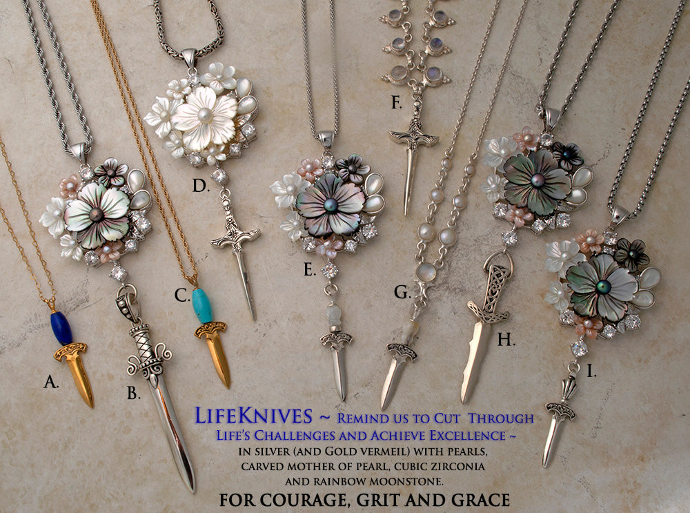 Mother of Pearl, Gemstone, Pearl, Silver and Gold Vermeil LifeKnives Necklaces