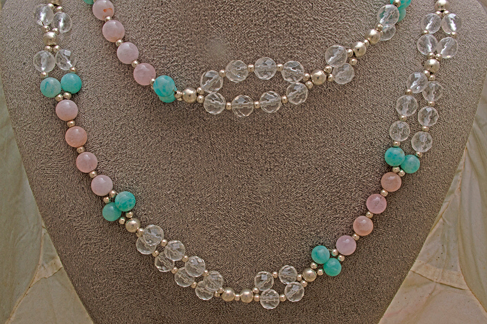 Morganite, Microcline, Quartz, and Solid Silver Bead Tantric Necklace