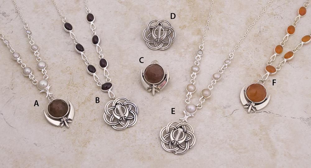 Flower of Life Adi Shakti pin pendants and pendants on gemstone and pearl necklaces and multi-faceted gemstone Adi Shakti pendants - on these same necklaces
