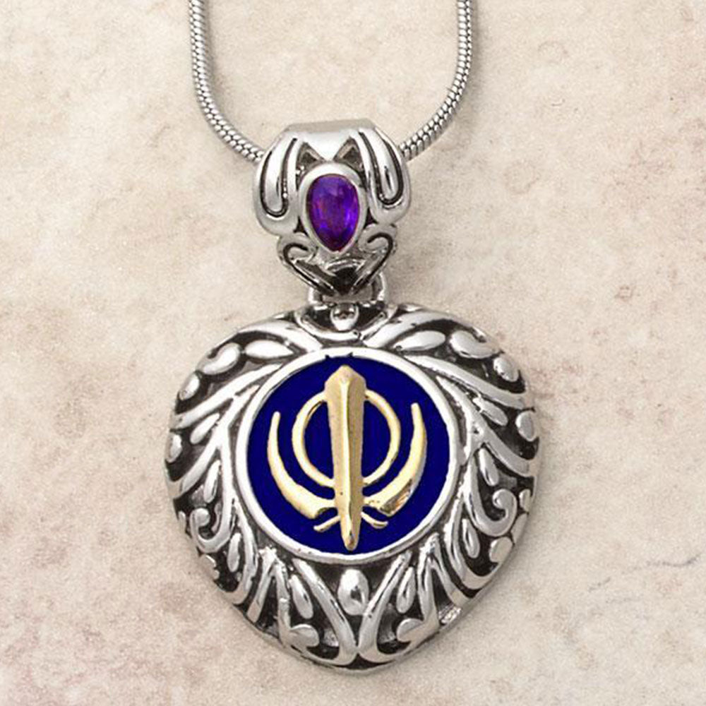 Sacred Heart Khanda pendants in stainless steel with natural gemstones