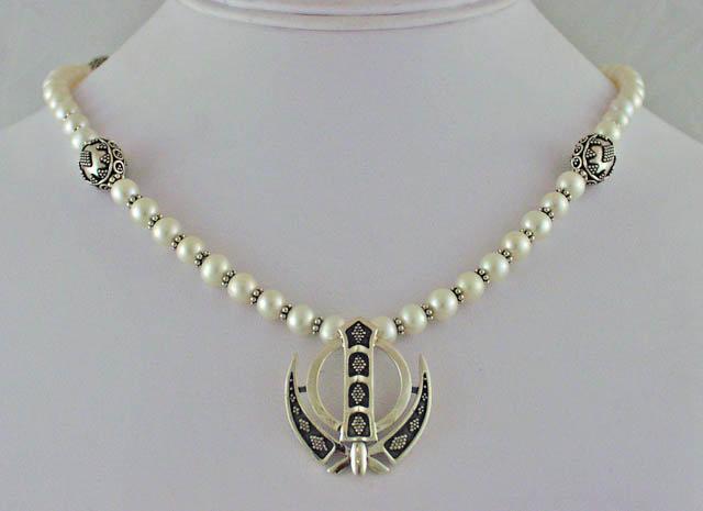 Freshwater pearl, silver Khanda / Adi Shakti Power Necklace
