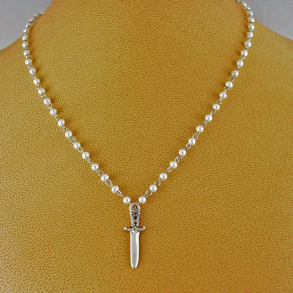 Silver, pearl and Plume dagger necklace